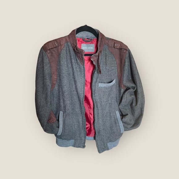 Slate & Stone Poly Wool Blend Jacket Gray Herringbone W/Brown Accents Mens Small - Picture 11 of 16